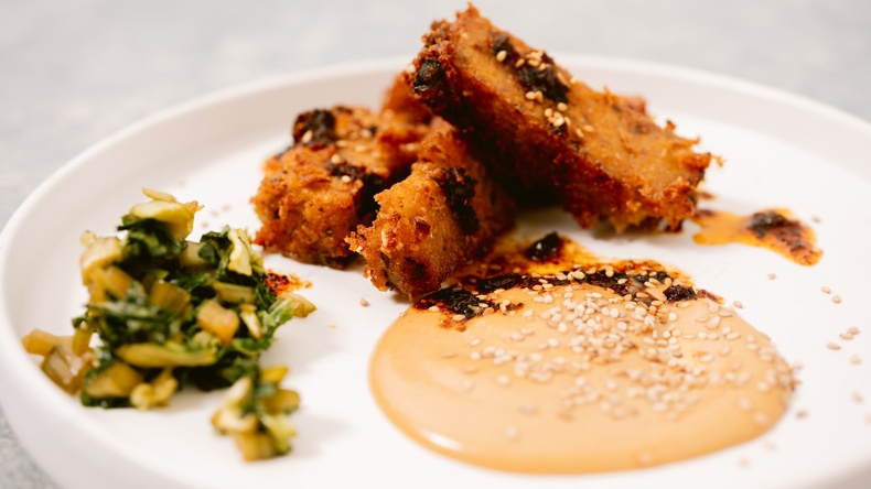 Grit turnip cake with sesame and XO sauce Culinary Institute of America